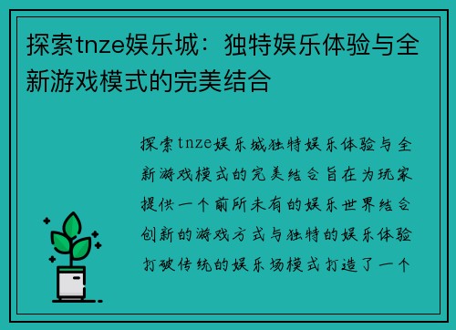 探索tnze娱乐城：独特娱乐体验与全新游戏模式的完美结合